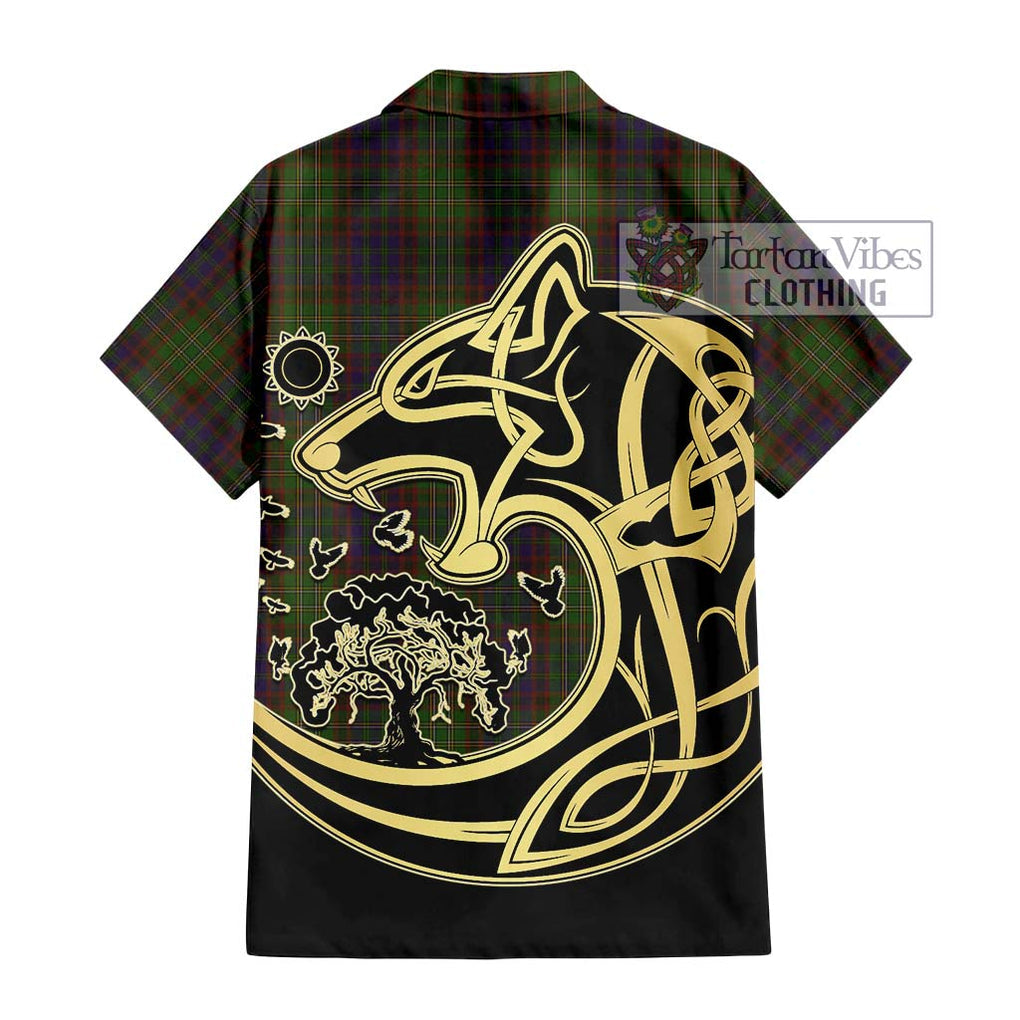 Cunningham Hunting Modern Tartan Short Sleeve Button Shirt with Family Crest Celtic Wolf Style - Tartan Vibes Clothing