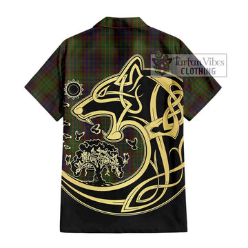 Cunningham Hunting Modern Tartan Short Sleeve Button Shirt with Family Crest Celtic Wolf Style