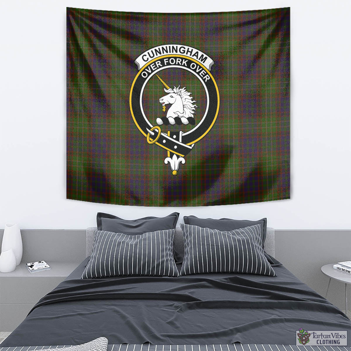 Tartan Vibes Clothing Cunningham Hunting Modern Tartan Tapestry Wall Hanging and Home Decor for Room with Family Crest