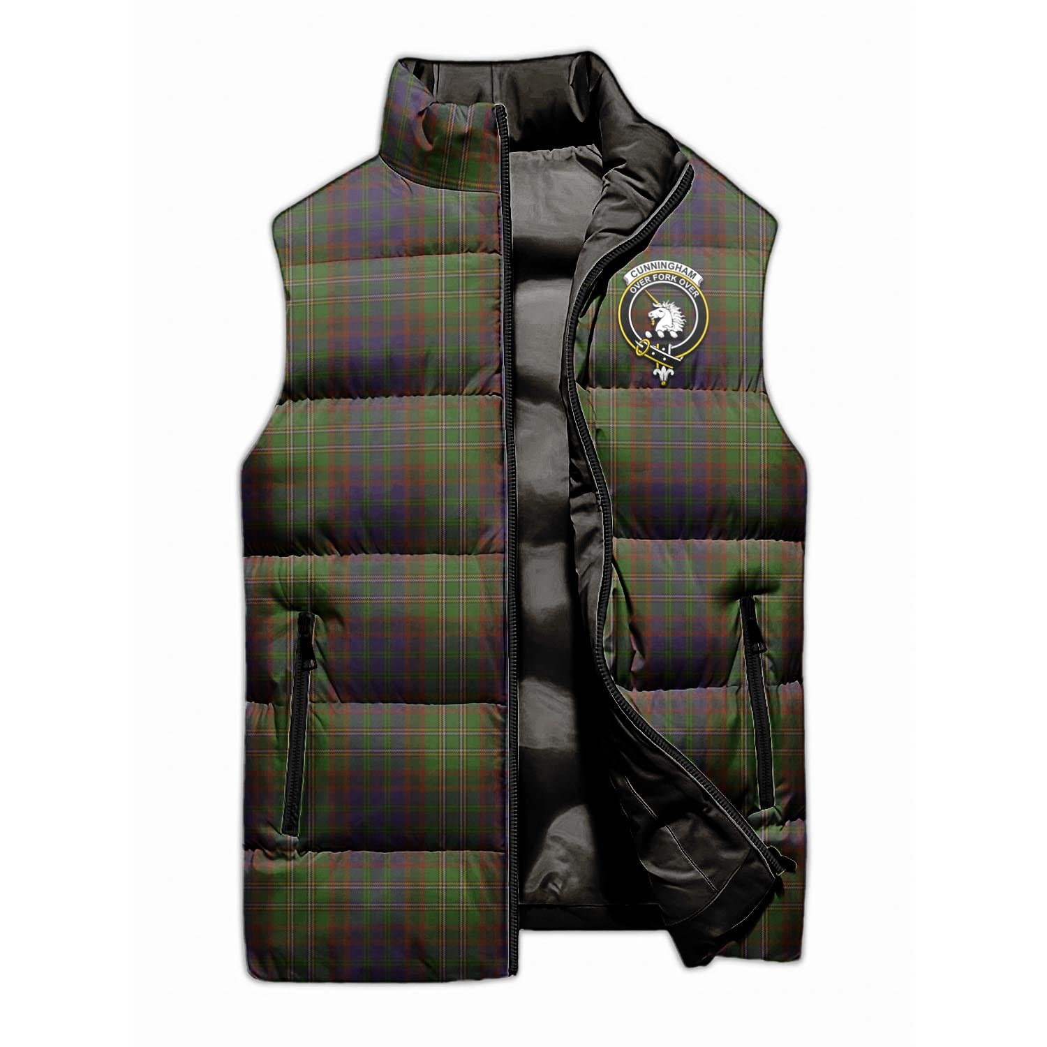 Cunningham Hunting Modern Tartan Sleeveless Puffer Jacket with Family Crest - Tartanvibesclothing