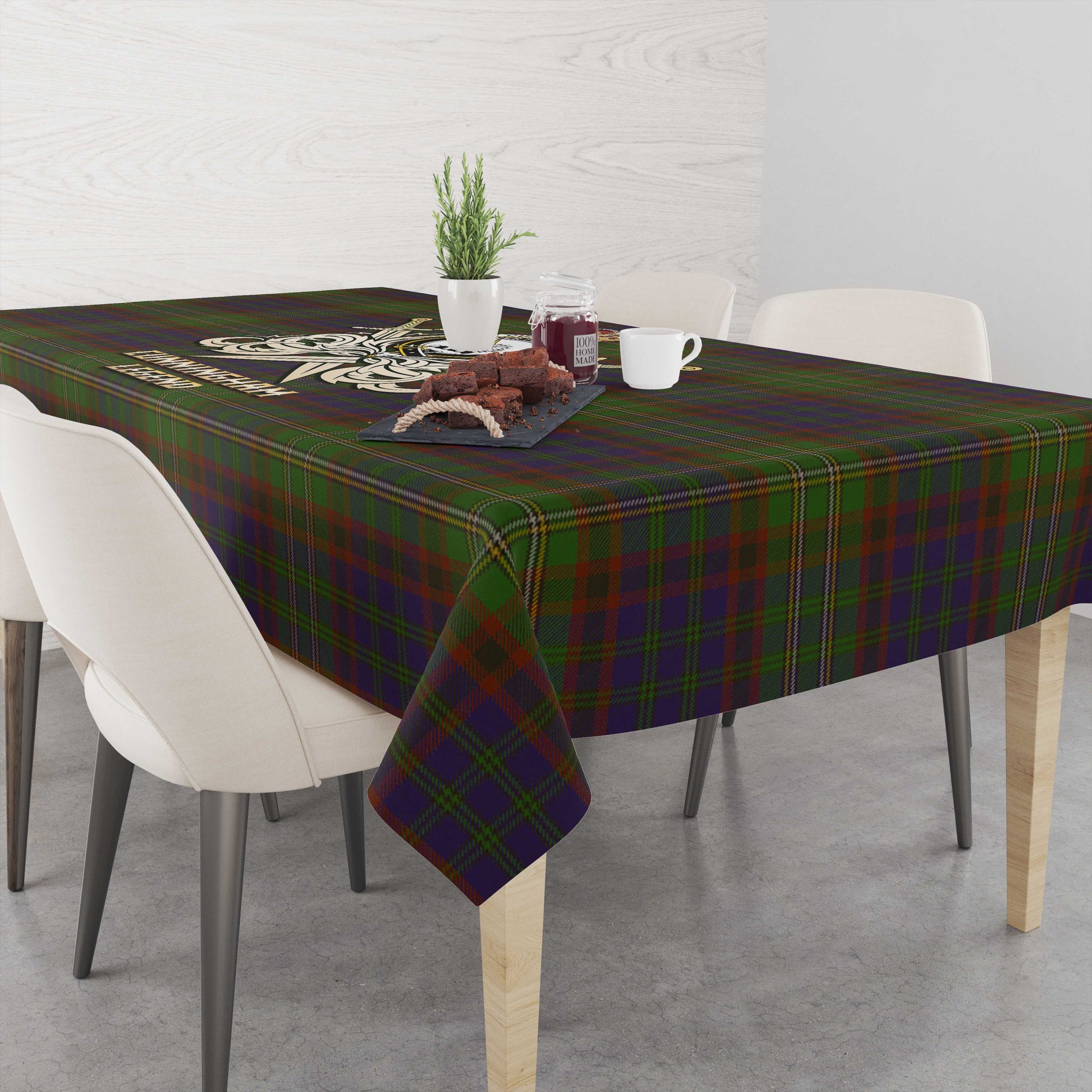 Tartan Vibes Clothing Cunningham Hunting Modern Tartan Tablecloth with Clan Crest and the Golden Sword of Courageous Legacy