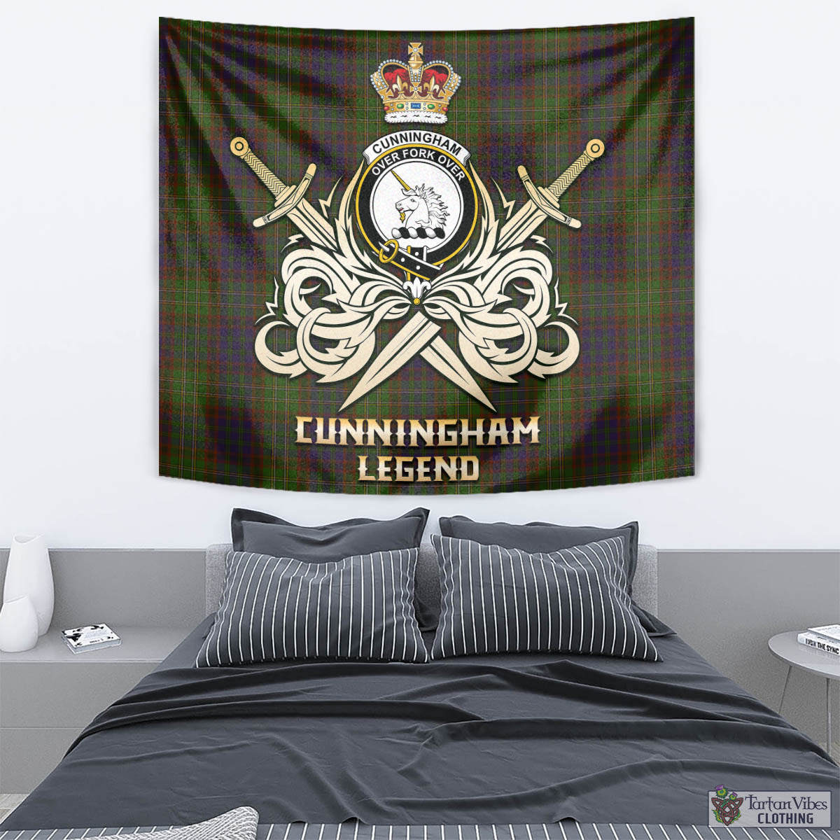 Tartan Vibes Clothing Cunningham Hunting Modern Tartan Tapestry with Clan Crest and the Golden Sword of Courageous Legacy