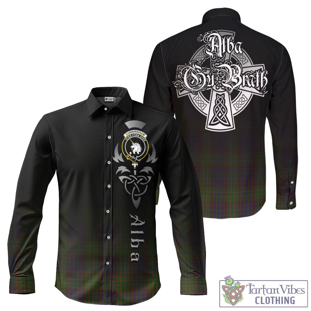 Tartan Vibes Clothing Cunningham Hunting Modern Tartan Long Sleeve Button Up Featuring Alba Gu Brath Family Crest Celtic Inspired