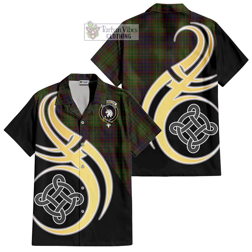 Cunningham Hunting Modern Tartan Short Sleeve Button Shirt with Family Crest and Celtic Symbol Style - Tartan Vibes Clothing