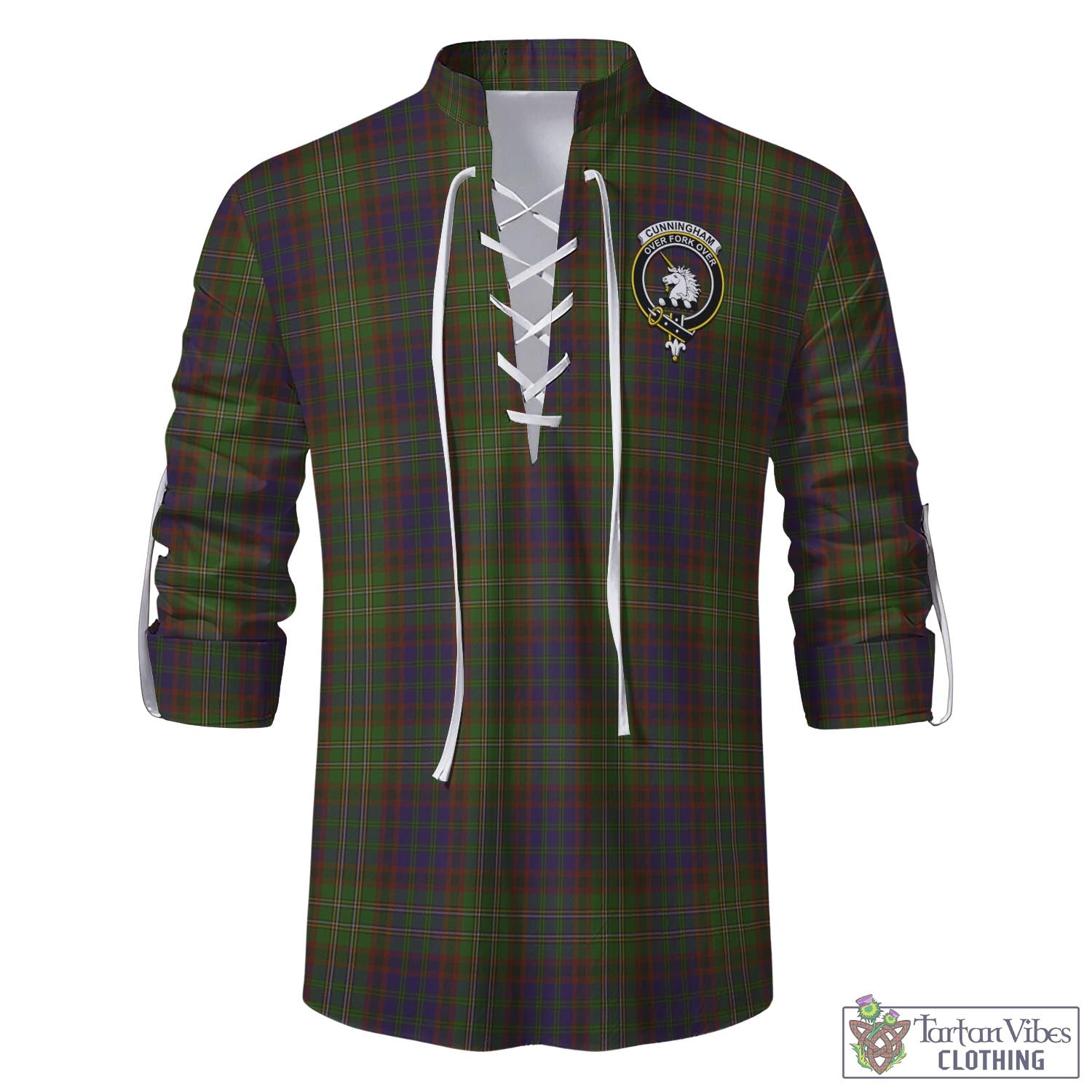 Tartan Vibes Clothing Cunningham Hunting Modern Tartan Men's Scottish Traditional Jacobite Ghillie Kilt Shirt with Family Crest