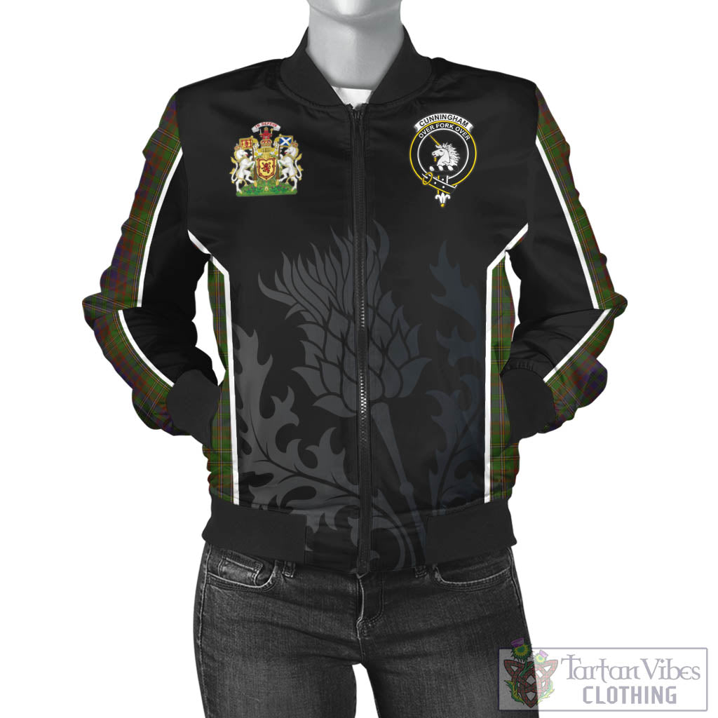 Tartan Vibes Clothing Cunningham Hunting Modern Tartan Bomber Jacket with Family Crest and Scottish Thistle Vibes Sport Style