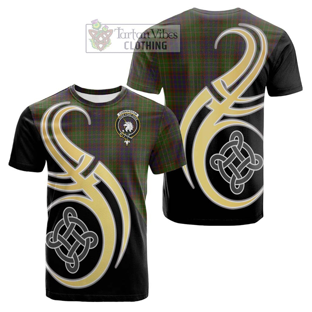 Tartan Vibes Clothing Cunningham Hunting Modern Tartan Cotton T-shirt with Family Crest and Celtic Symbol Style