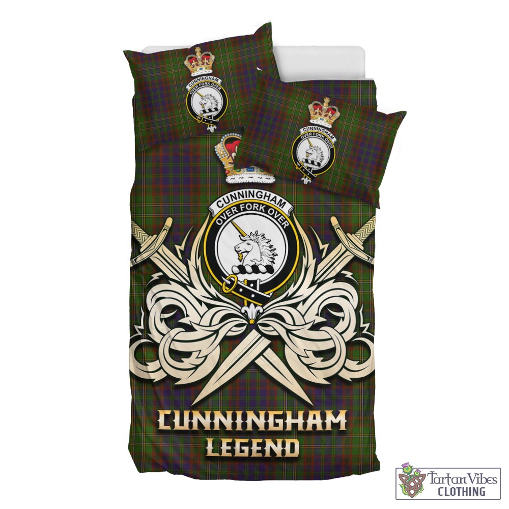 Tartan Vibes Clothing Cunningham Hunting Modern Tartan Bedding Set with Clan Crest and the Golden Sword of Courageous Legacy