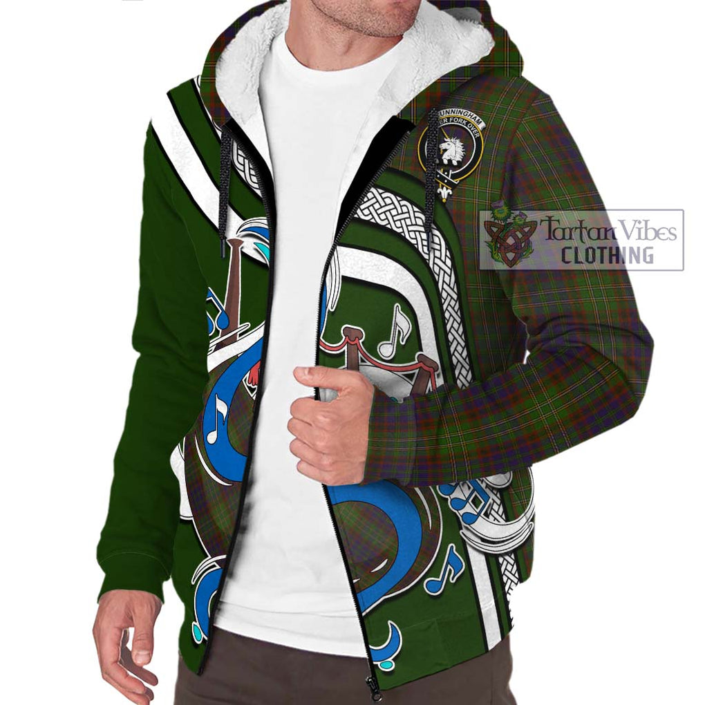 Cunningham Hunting Modern Tartan Sherpa Hoodie with Epic Bagpipe Style Unisex - Tartanvibesclothing Shop