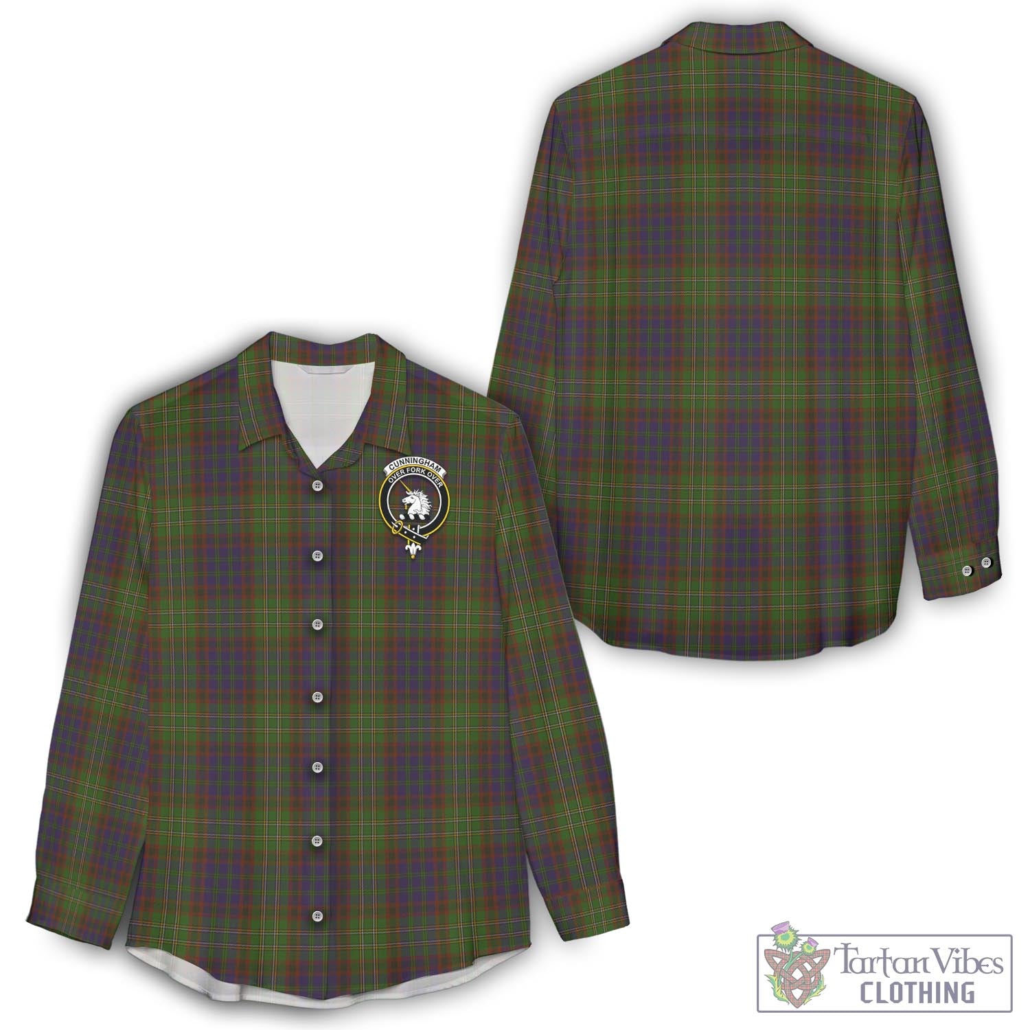 Tartan Vibes Clothing Cunningham Hunting Modern Tartan Womens Casual Shirt with Family Crest