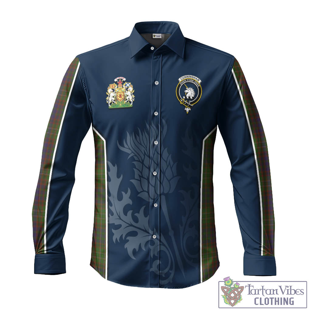 Tartan Vibes Clothing Cunningham Hunting Modern Tartan Long Sleeve Button Up Shirt with Family Crest and Scottish Thistle Vibes Sport Style