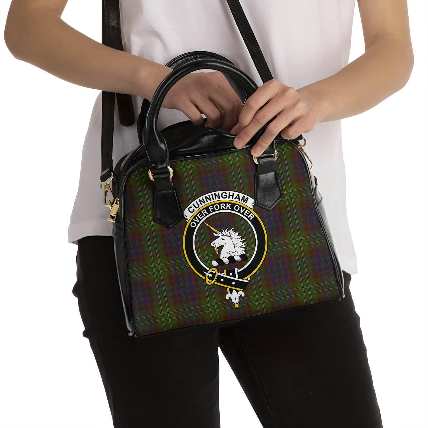 Cunningham Hunting Modern Tartan Shoulder Handbags with Family Crest - Tartanvibesclothing