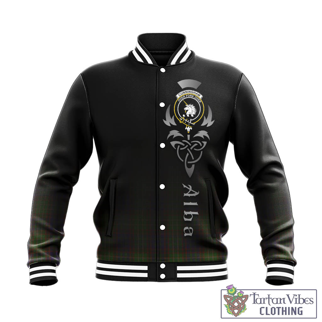 Tartan Vibes Clothing Cunningham Hunting Modern Tartan Baseball Jacket Featuring Alba Gu Brath Family Crest Celtic Inspired