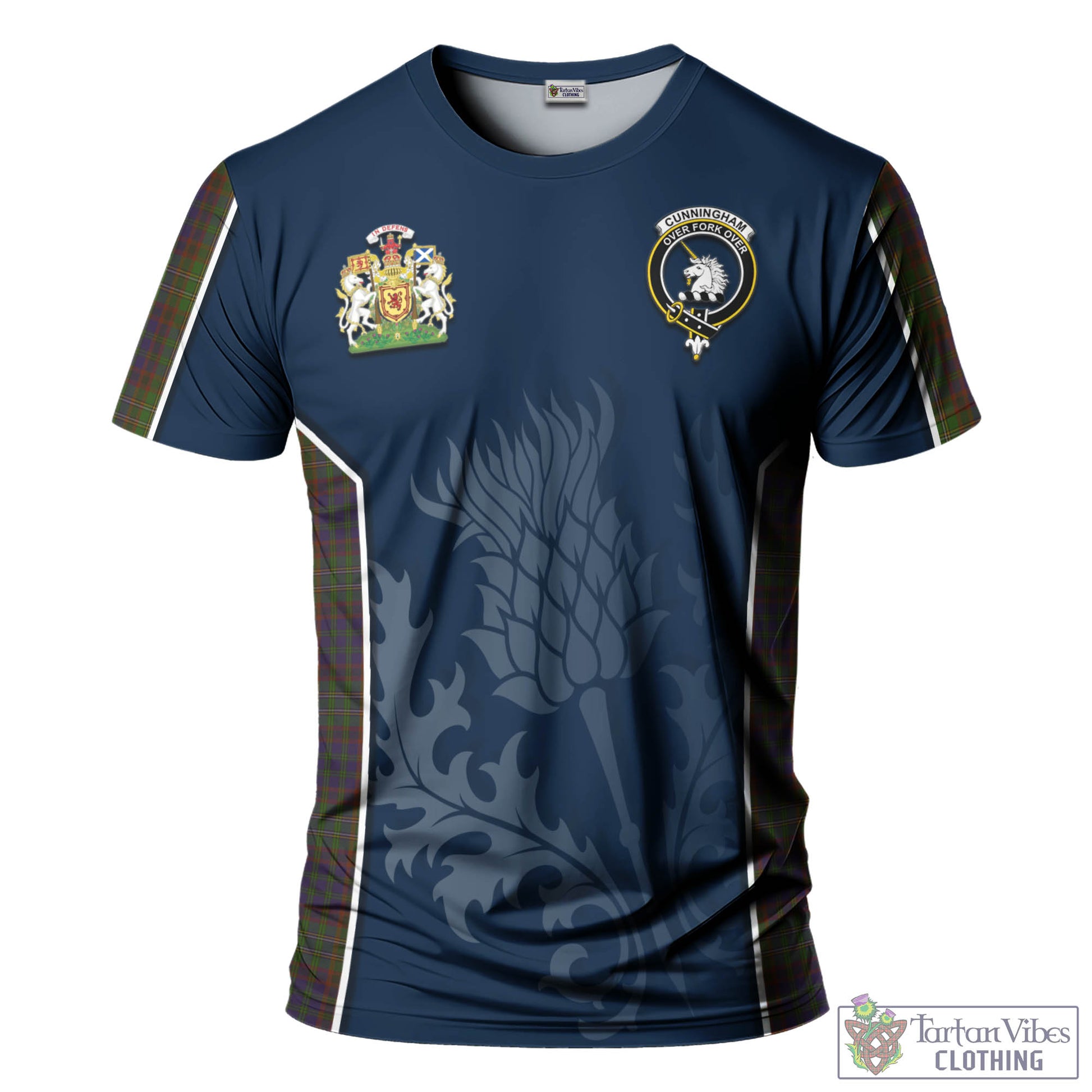 Tartan Vibes Clothing Cunningham Hunting Modern Tartan T-Shirt with Family Crest and Scottish Thistle Vibes Sport Style