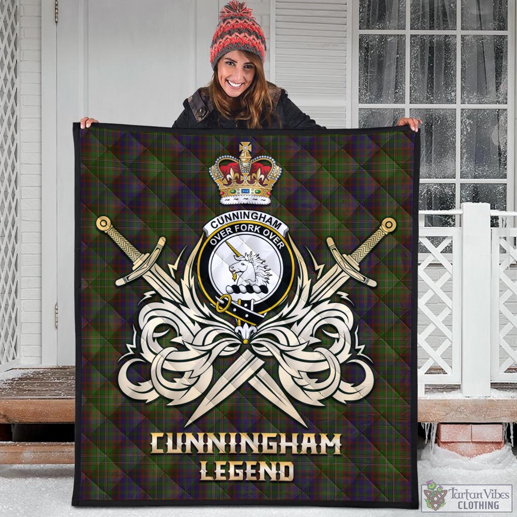 Tartan Vibes Clothing Cunningham Hunting Modern Tartan Quilt with Clan Crest and the Golden Sword of Courageous Legacy