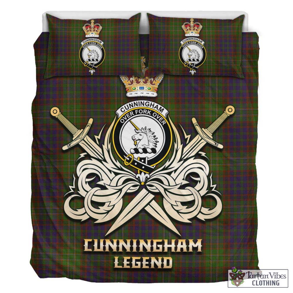 Tartan Vibes Clothing Cunningham Hunting Modern Tartan Bedding Set with Clan Crest and the Golden Sword of Courageous Legacy