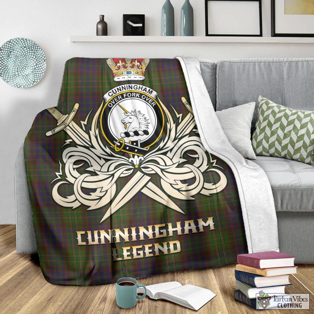 Tartan Vibes Clothing Cunningham Hunting Modern Tartan Blanket with Clan Crest and the Golden Sword of Courageous Legacy