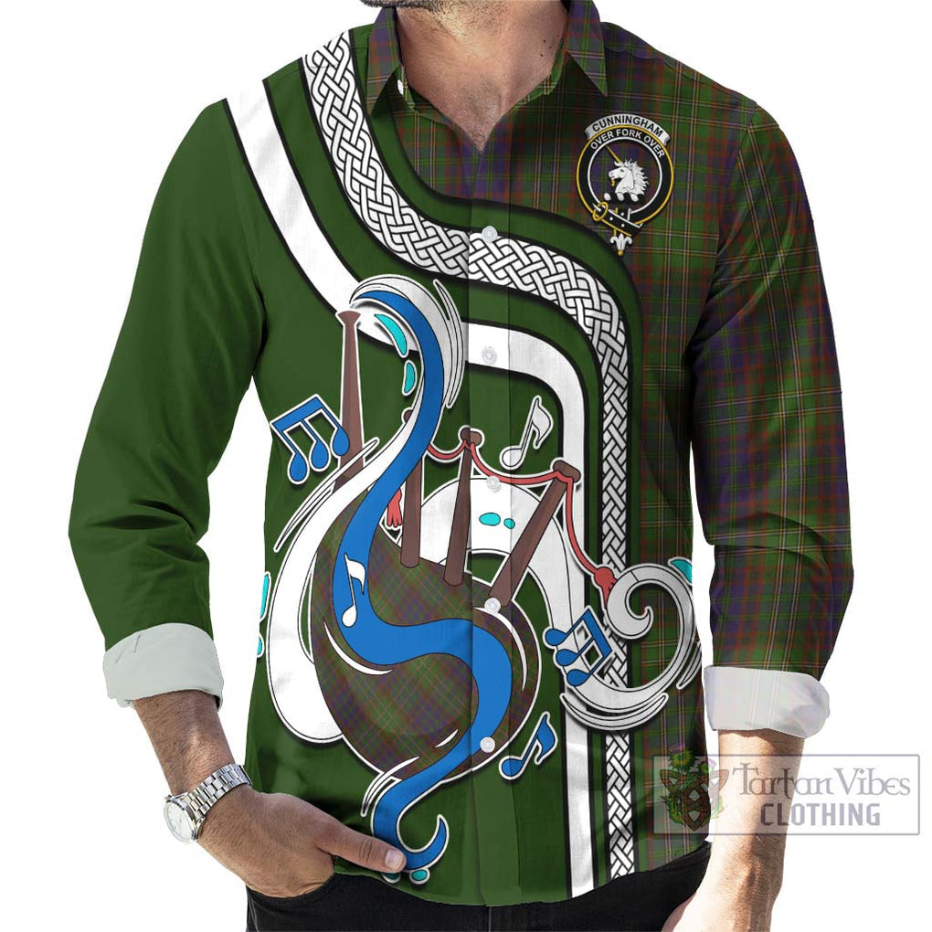 Cunningham Hunting Modern Tartan Long Sleeve Button Shirt with Epic Bagpipe Style - Tartanvibesclothing Shop