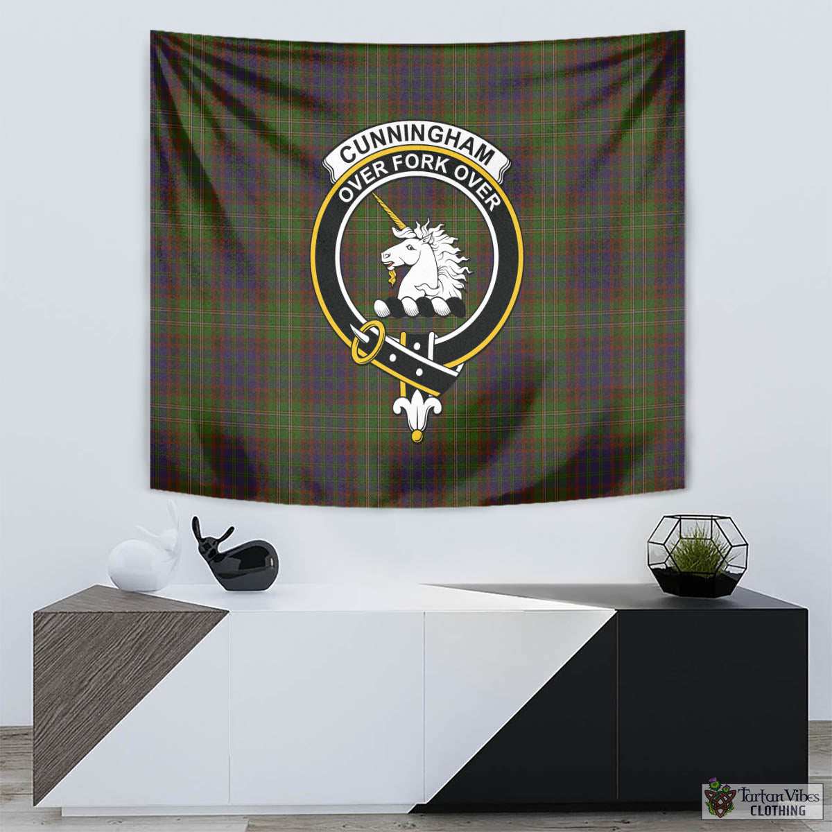 Tartan Vibes Clothing Cunningham Hunting Modern Tartan Tapestry Wall Hanging and Home Decor for Room with Family Crest