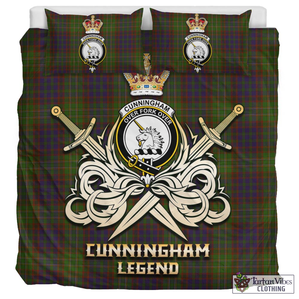 Tartan Vibes Clothing Cunningham Hunting Modern Tartan Bedding Set with Clan Crest and the Golden Sword of Courageous Legacy