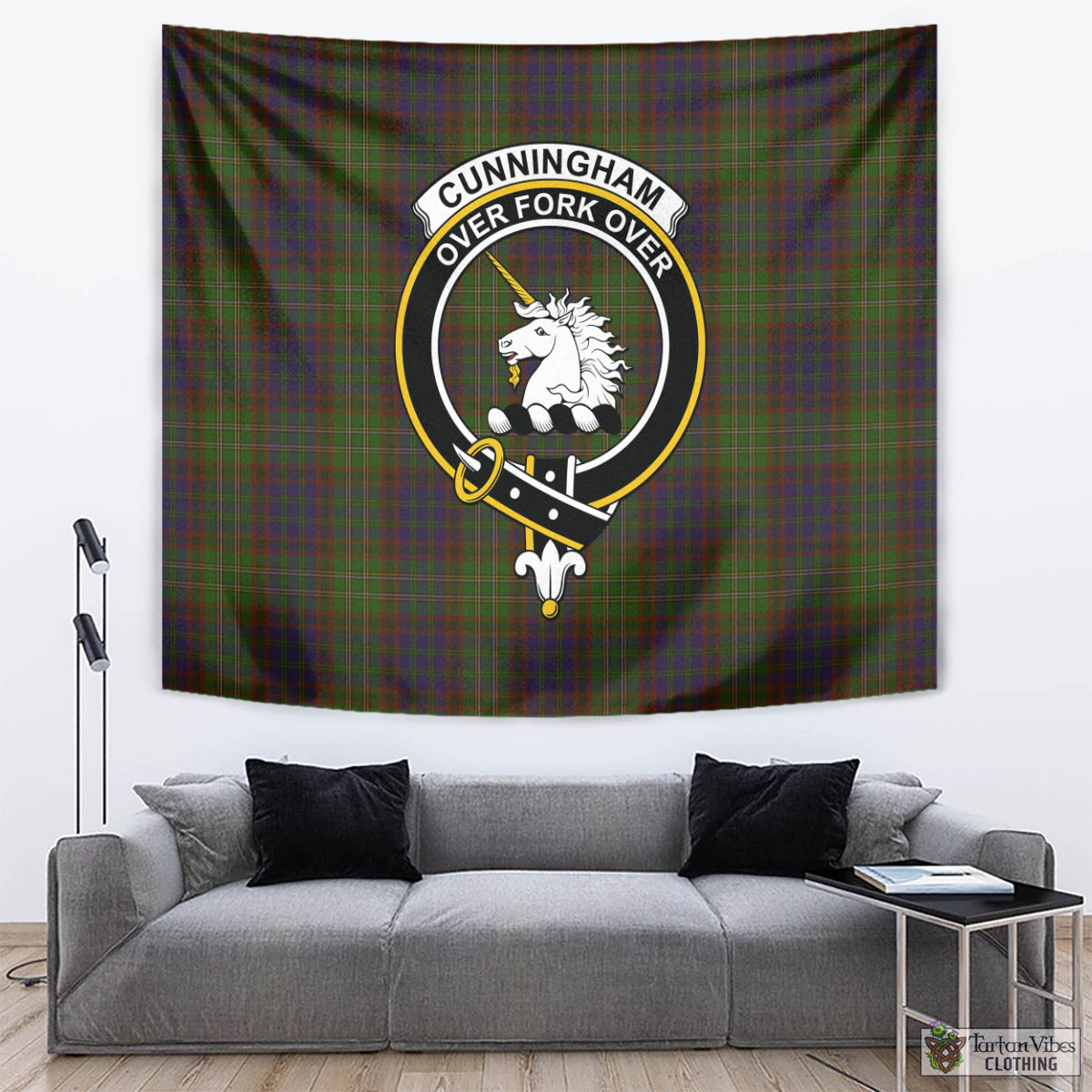 Tartan Vibes Clothing Cunningham Hunting Modern Tartan Tapestry Wall Hanging and Home Decor for Room with Family Crest