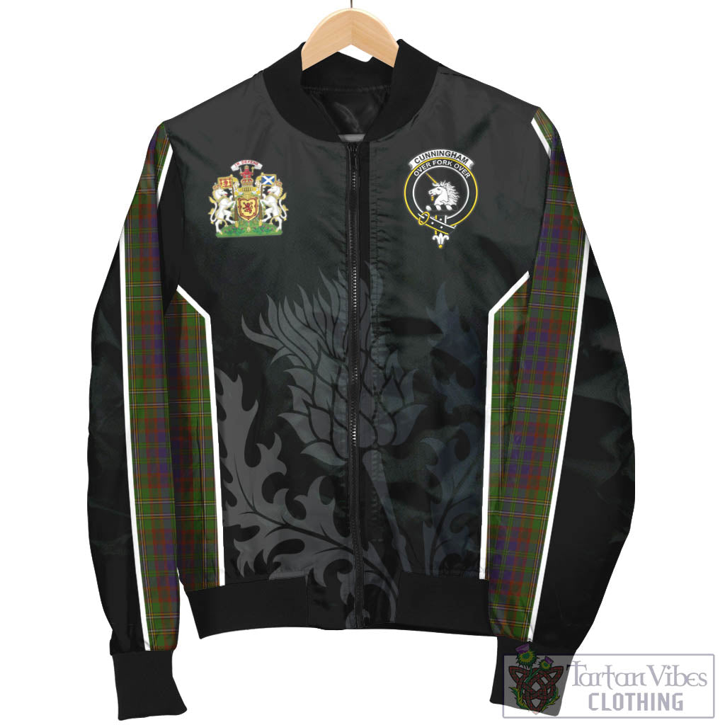 Tartan Vibes Clothing Cunningham Hunting Modern Tartan Bomber Jacket with Family Crest and Scottish Thistle Vibes Sport Style