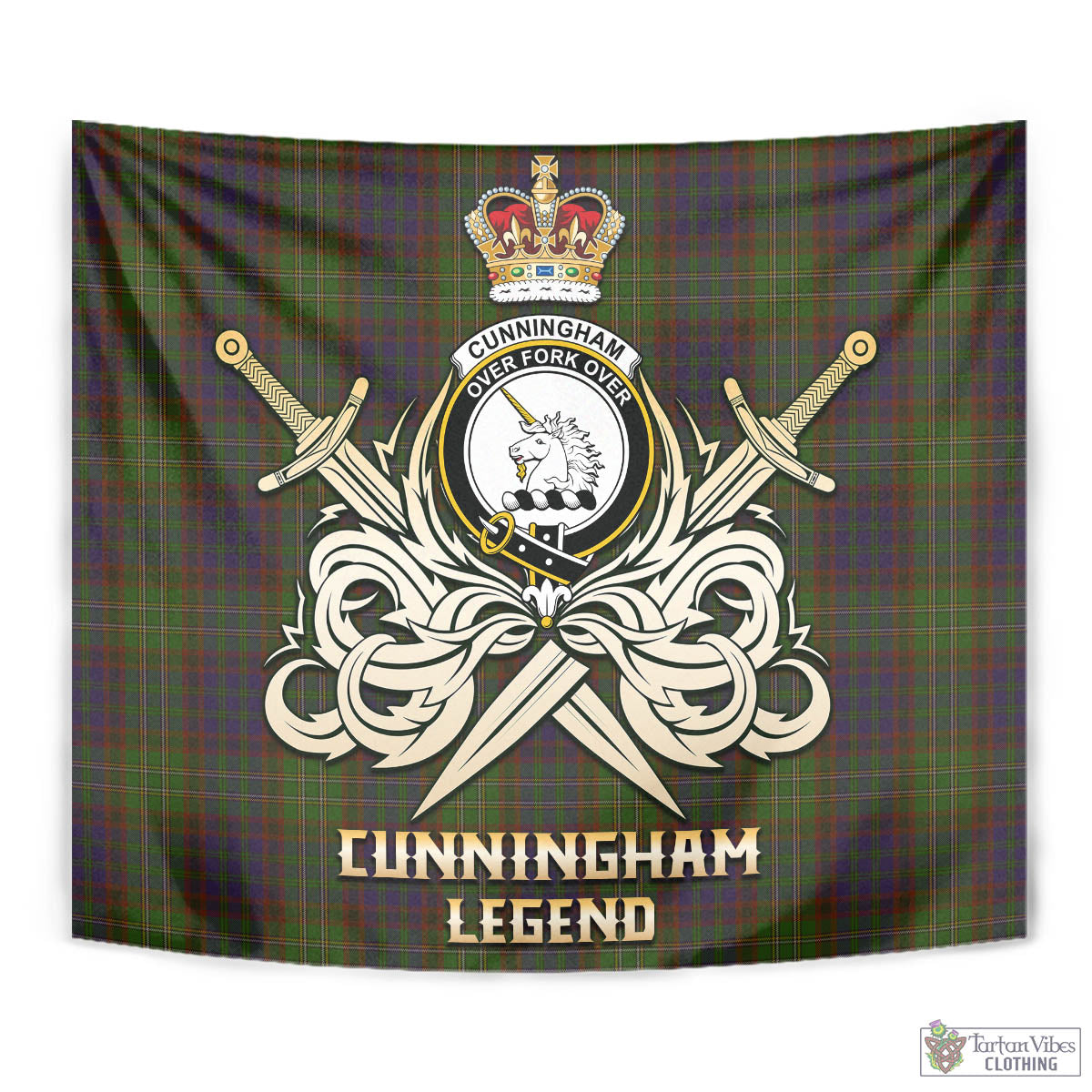 Tartan Vibes Clothing Cunningham Hunting Modern Tartan Tapestry with Clan Crest and the Golden Sword of Courageous Legacy