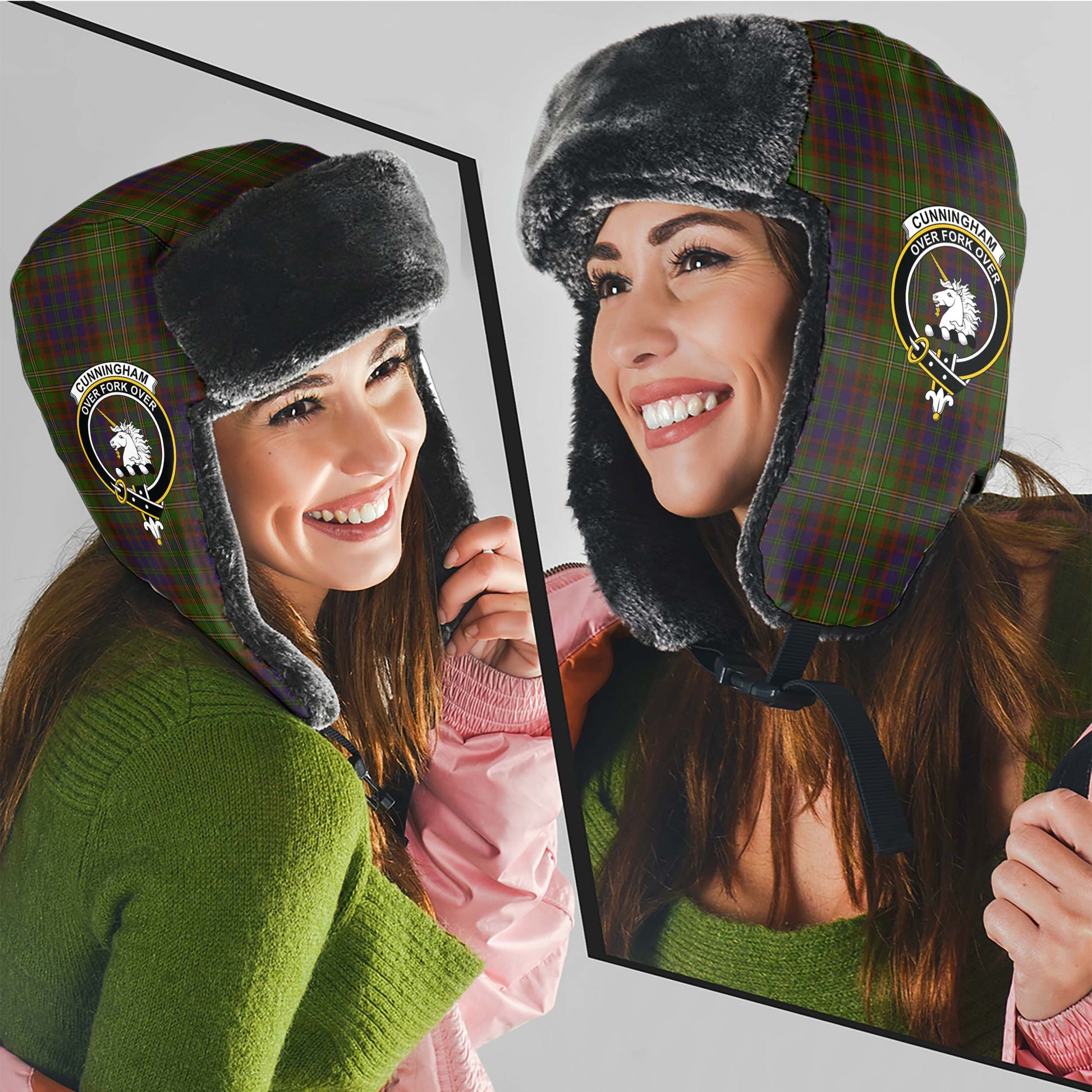 Cunningham Hunting Modern Tartan Winter Trapper Hat with Family Crest - Tartanvibesclothing