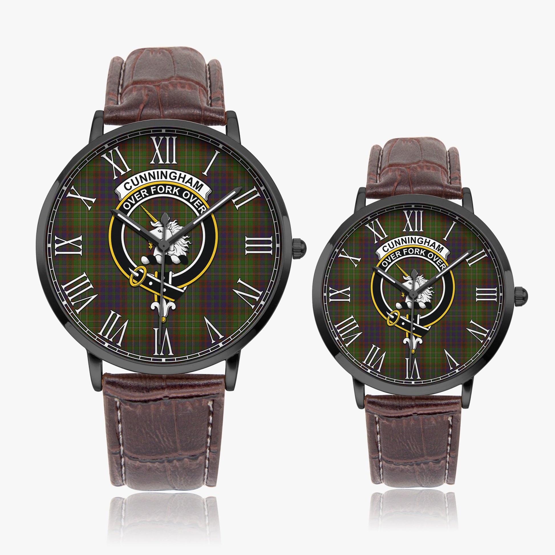 Cunningham Hunting Modern Tartan Family Crest Leather Strap Quartz Watch - Tartanvibesclothing