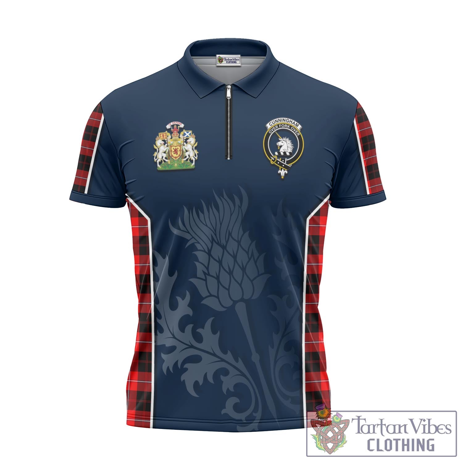 Tartan Vibes Clothing Cunningham Modern Tartan Zipper Polo Shirt with Family Crest and Scottish Thistle Vibes Sport Style