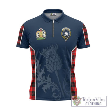 Cunningham Modern Tartan Zipper Polo Shirt with Family Crest and Scottish Thistle Vibes Sport Style