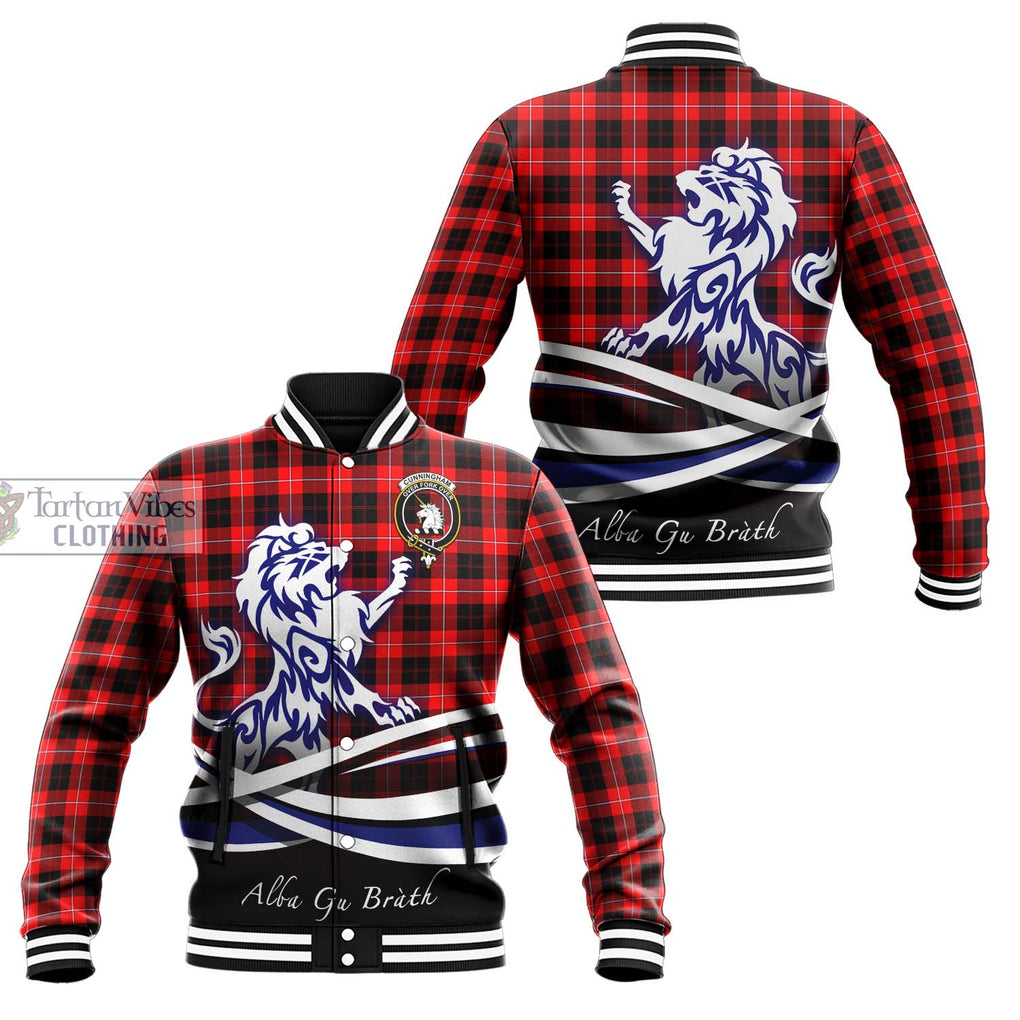 Cunningham Modern Tartan Baseball Jacket with Alba Gu Brath Regal Lion Emblem Unisex - Tartanvibesclothing Shop