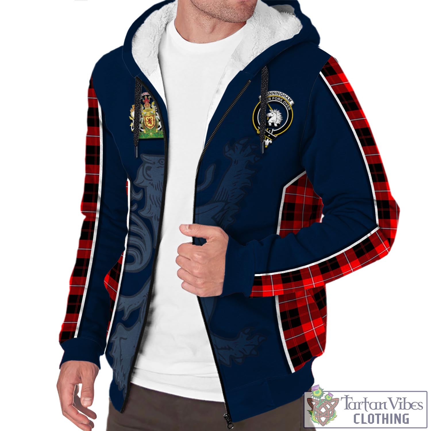 Tartan Vibes Clothing Cunningham Modern Tartan Sherpa Hoodie with Family Crest and Lion Rampant Vibes Sport Style