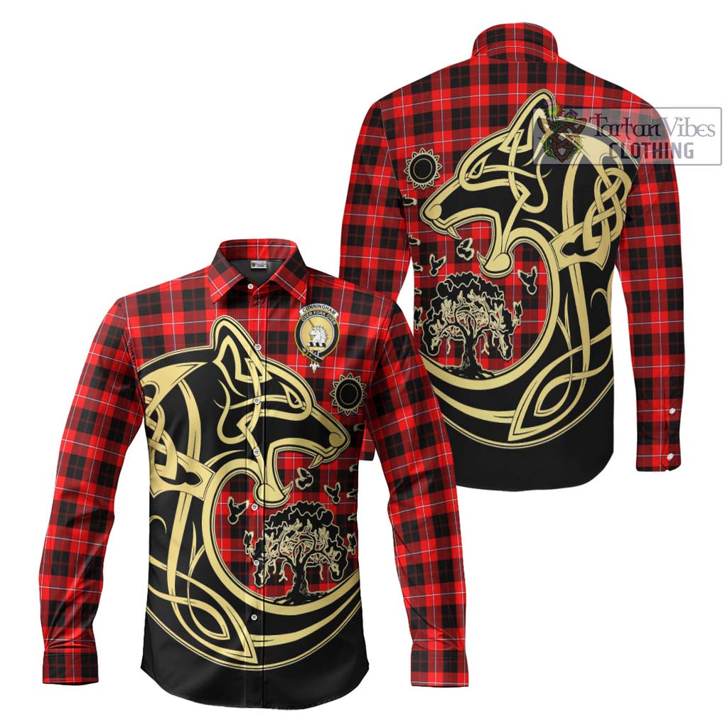 Cunningham Modern Tartan Long Sleeve Button Shirt with Family Crest Celtic Wolf Style Men's Shirt S - Tartan Vibes Clothing