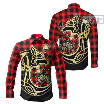 Cunningham Modern Tartan Long Sleeve Button Shirt with Family Crest Celtic Wolf Style