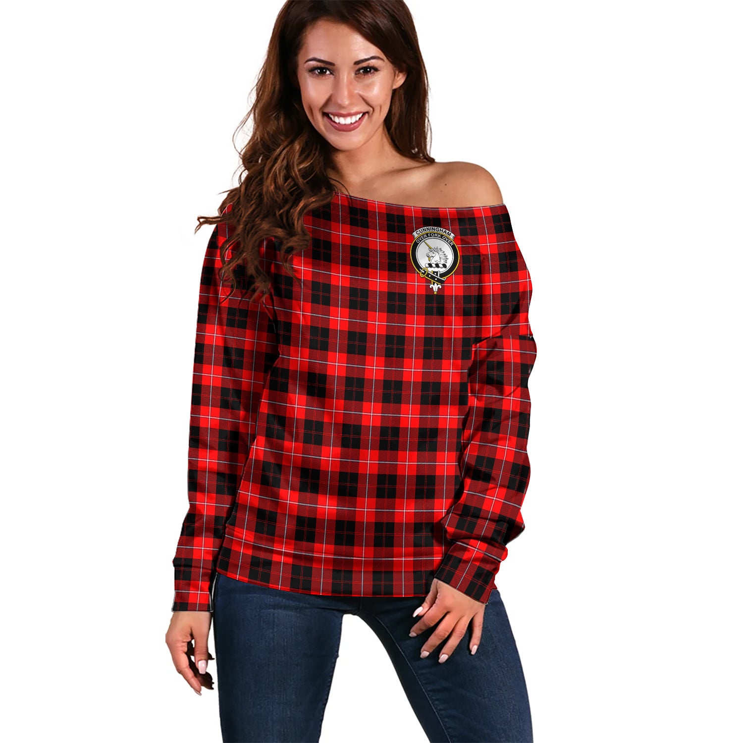 Cunningham Modern Tartan Off Shoulder Women Sweater with Family Crest Women - Tartanvibesclothing