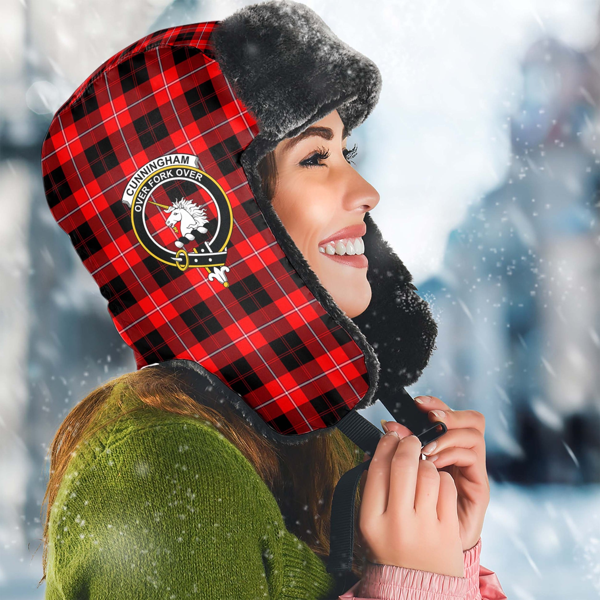 Cunningham Modern Tartan Winter Trapper Hat with Family Crest Winter Trapper Hat Universal Fit Circumference 22.8in (58cm) - Tartanvibesclothing