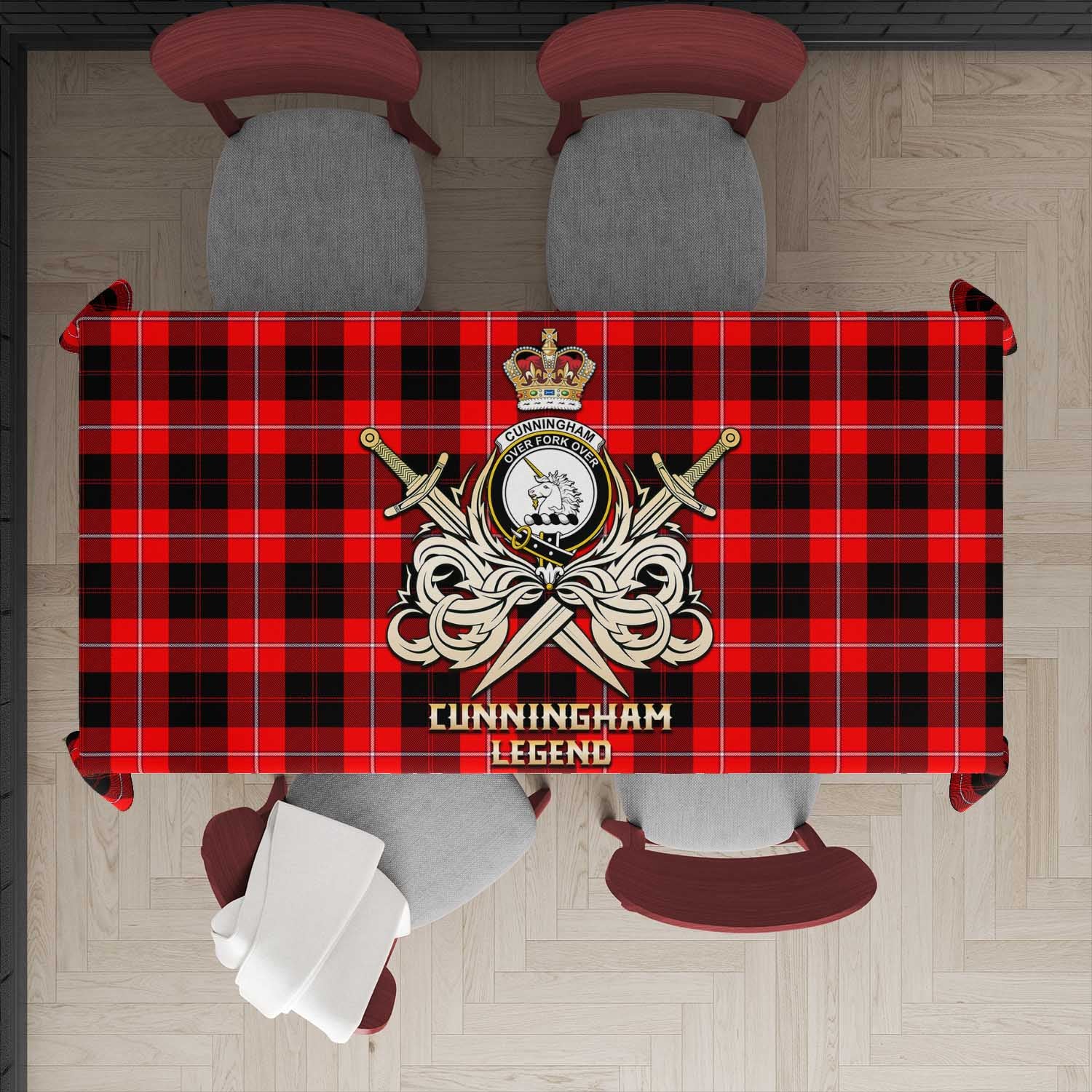 Tartan Vibes Clothing Cunningham Modern Tartan Tablecloth with Clan Crest and the Golden Sword of Courageous Legacy