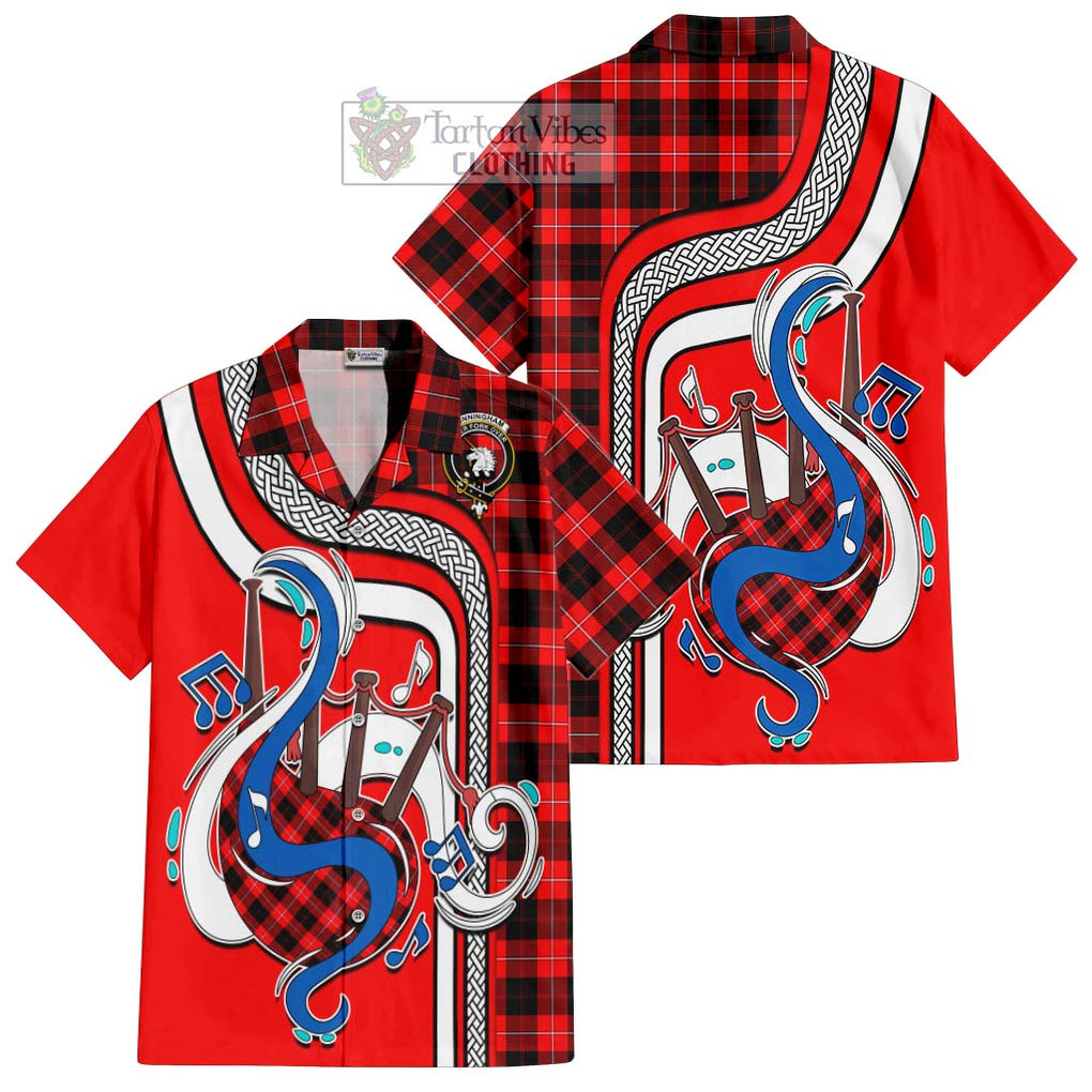 Cunningham Modern Tartan Short Sleeve Button Shirt with Epic Bagpipe Style Kid - Tartanvibesclothing Shop