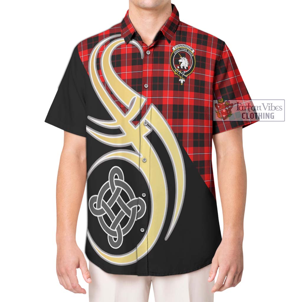 Cunningham Modern Tartan Short Sleeve Button Shirt with Family Crest and Celtic Symbol Style Kid - Tartan Vibes Clothing