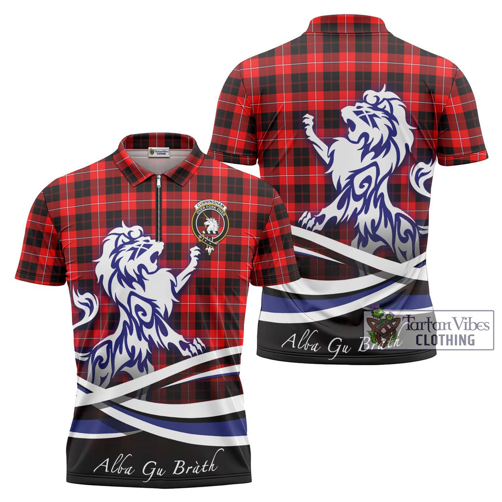 Cunningham Modern Tartan Zipper Polo Shirt with Alba Gu Brath Regal Lion Emblem Unisex - Tartanvibesclothing Shop