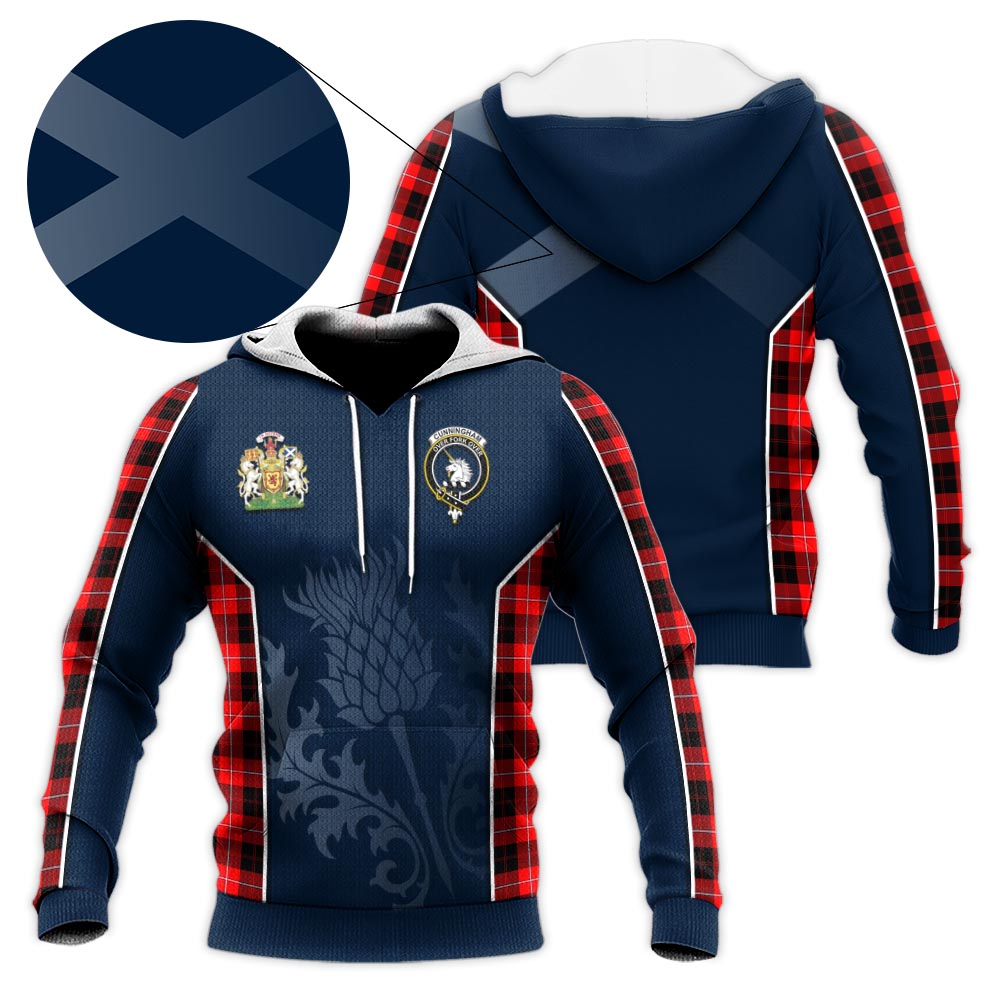 Tartan Vibes Clothing Cunningham Modern Tartan Knitted Hoodie with Family Crest and Scottish Thistle Vibes Sport Style