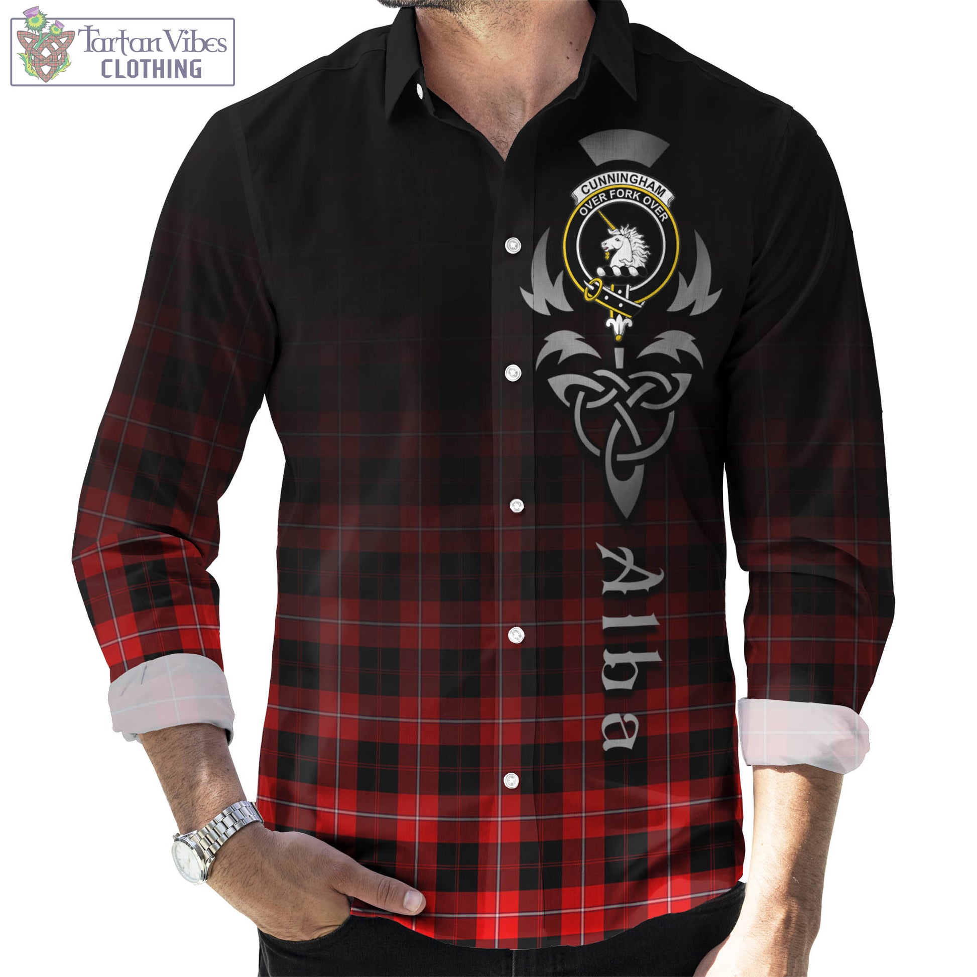 Tartan Vibes Clothing Cunningham Modern Tartan Long Sleeve Button Up Featuring Alba Gu Brath Family Crest Celtic Inspired