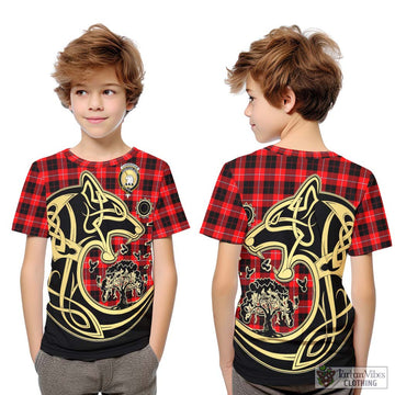 Cunningham Modern Tartan Kid T-Shirt with Family Crest Celtic Wolf Style