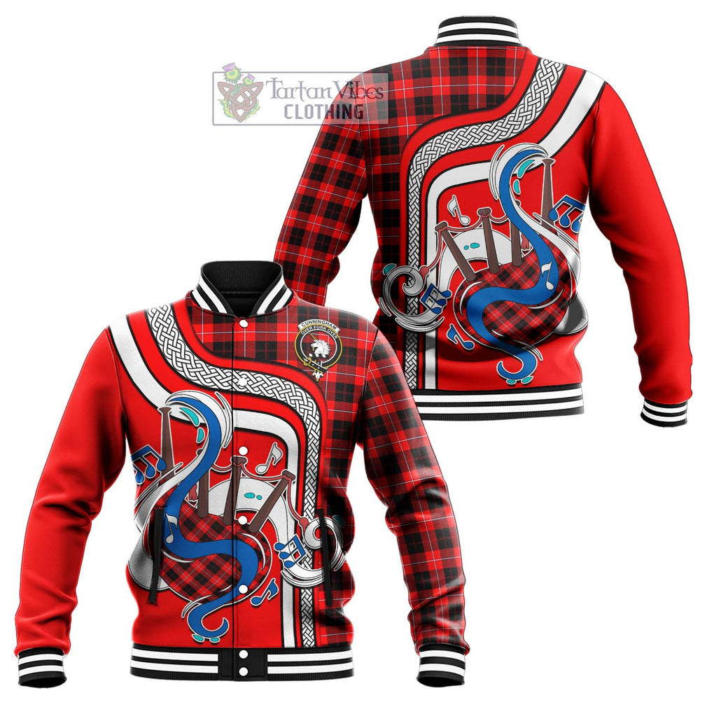 Tartan Vibes Clothing Cunningham Modern Tartan Baseball Jacket with Epic Bagpipe Style