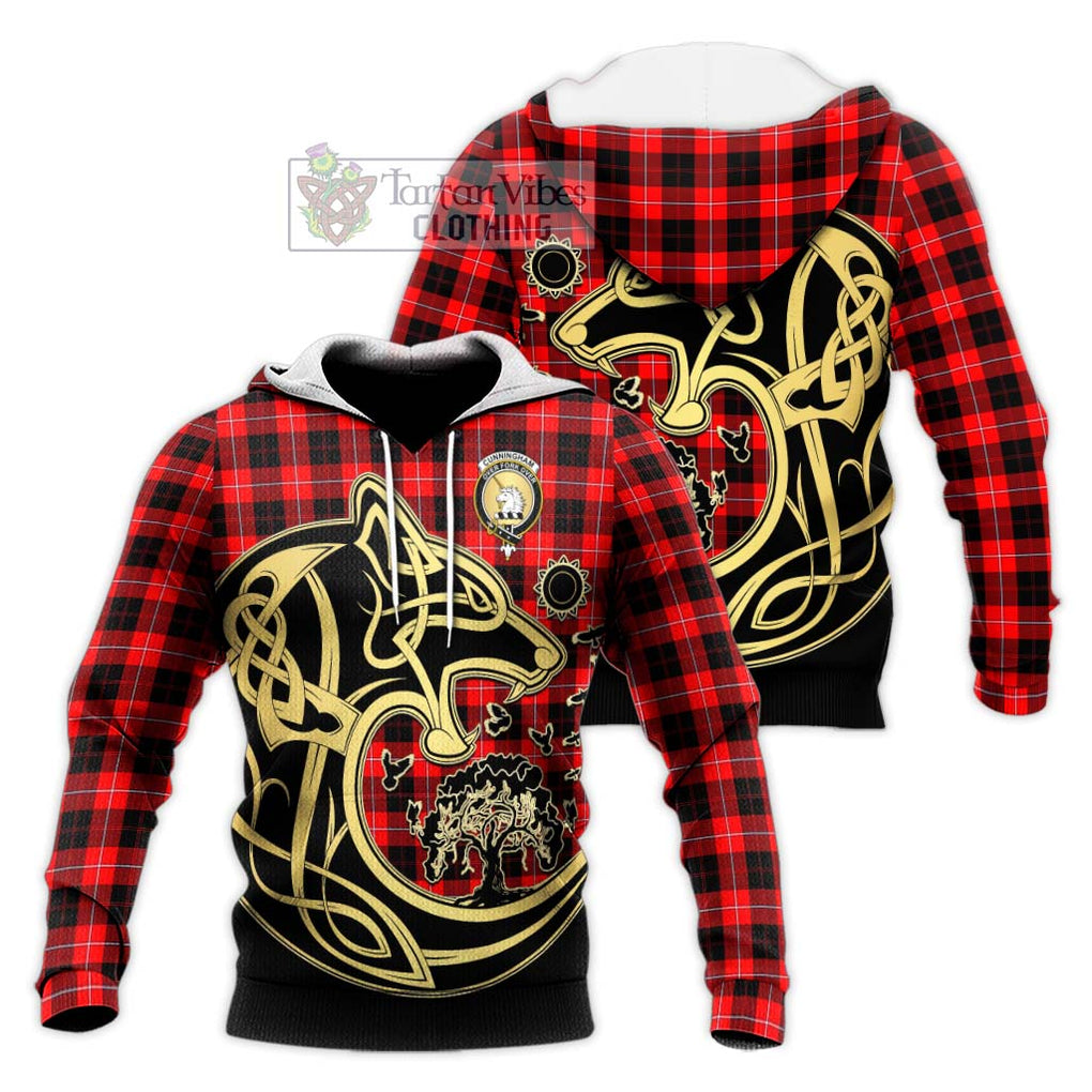 Cunningham Modern Tartan Knitted Hoodie with Family Crest Celtic Wolf Style Unisex Knitted Pullover Hoodie - Tartan Vibes Clothing