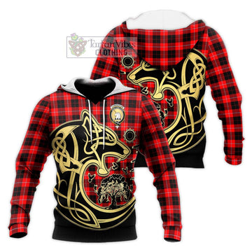 Cunningham Modern Tartan Knitted Hoodie with Family Crest Celtic Wolf Style