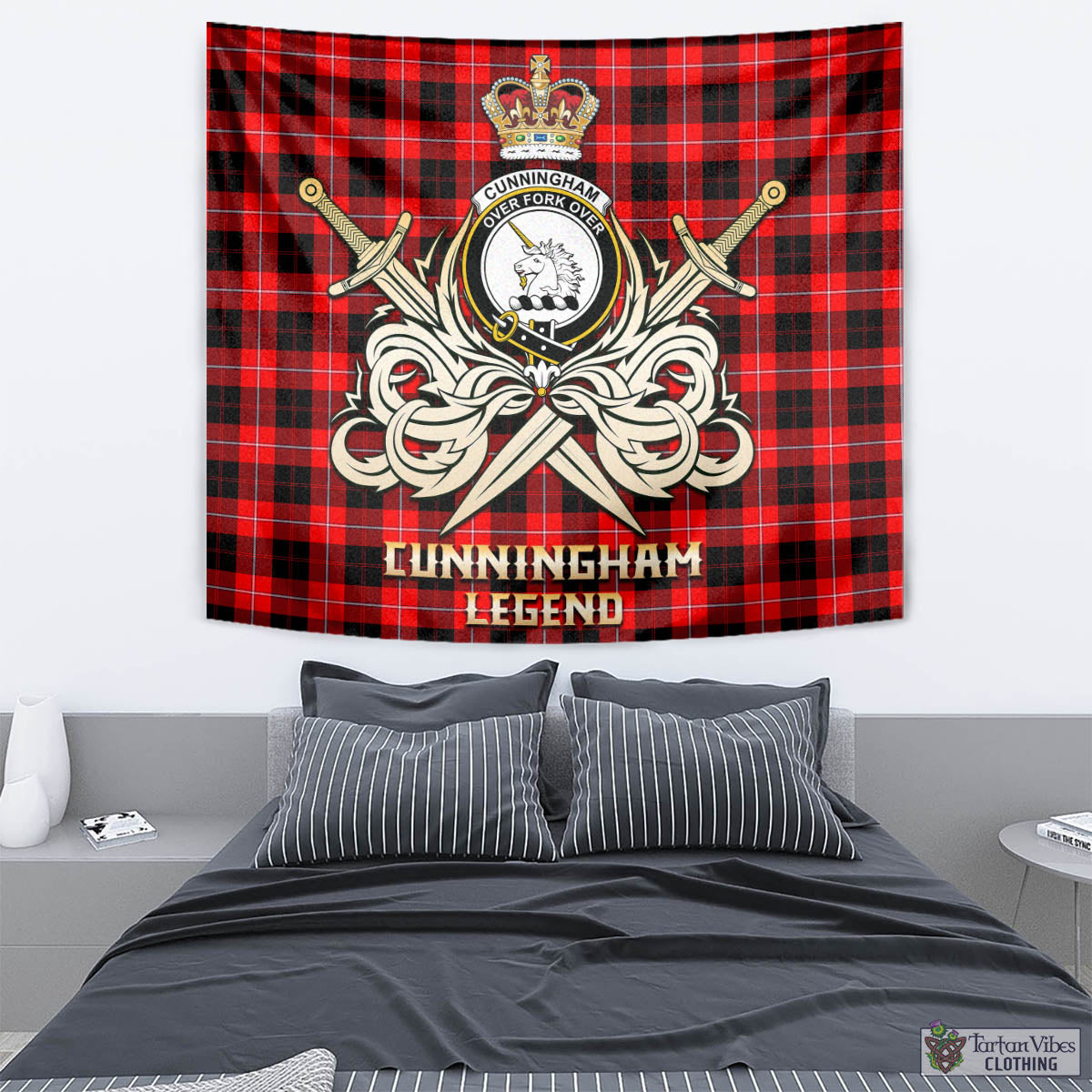 Tartan Vibes Clothing Cunningham Modern Tartan Tapestry with Clan Crest and the Golden Sword of Courageous Legacy