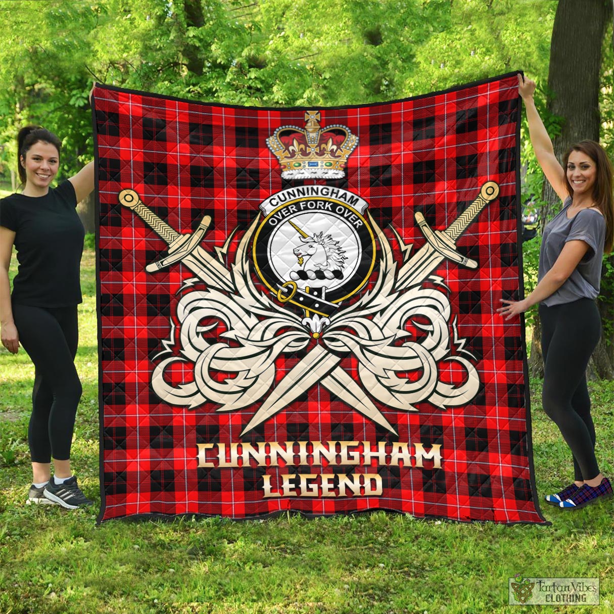 Tartan Vibes Clothing Cunningham Modern Tartan Quilt with Clan Crest and the Golden Sword of Courageous Legacy