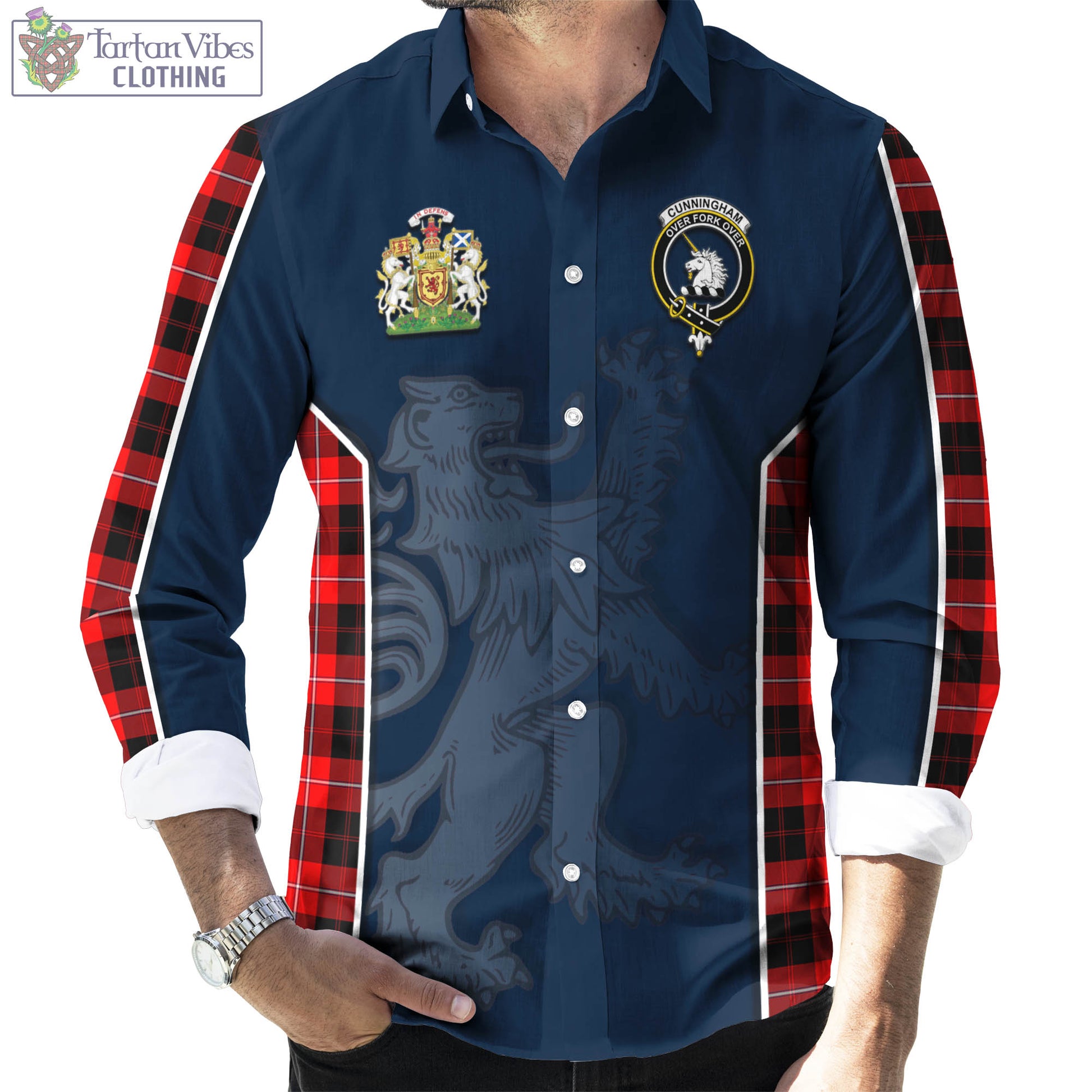 Tartan Vibes Clothing Cunningham Modern Tartan Long Sleeve Button Up Shirt with Family Crest and Lion Rampant Vibes Sport Style